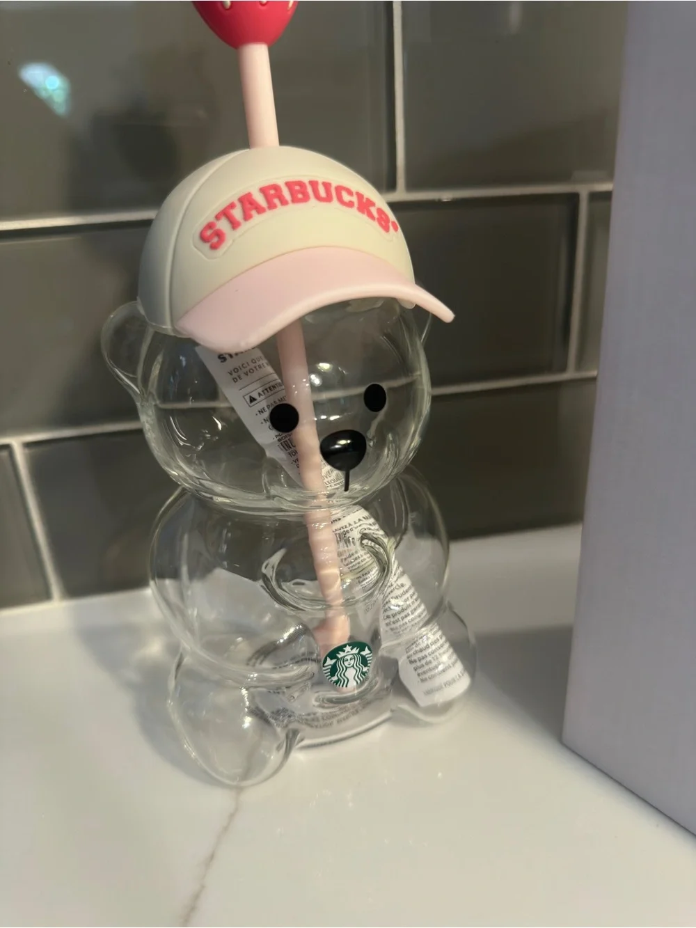 Starbucks Clear Bearista Glass Cup with Pink Strawberry Top. Brand new!